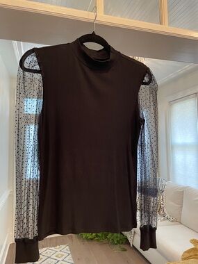 Black Mock Neck Top with Sheer Dot Long Sleeves